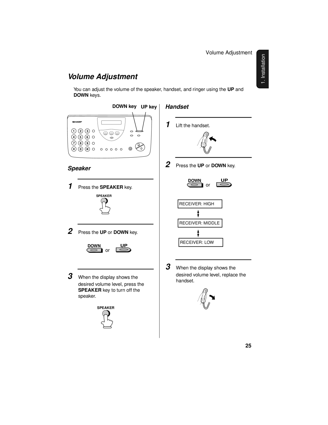 Sharp UX-465L operation manual Volume Adjustment, Speaker, Handset, Down key UP key 