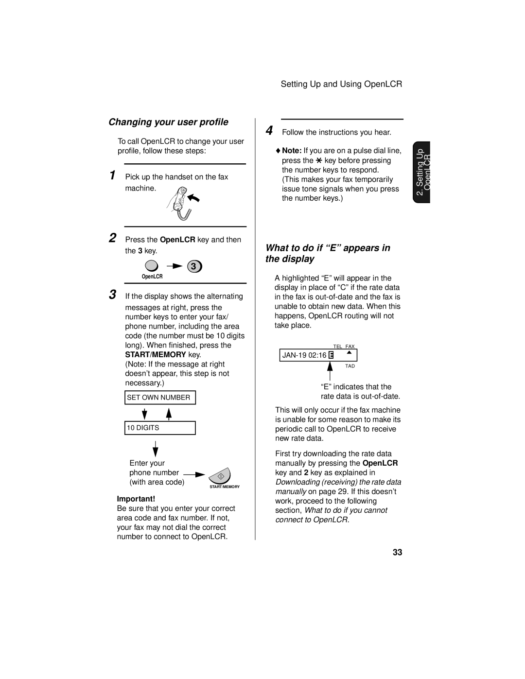 Sharp UX-465L operation manual Changing your user profile, What to do if E appears in the display 