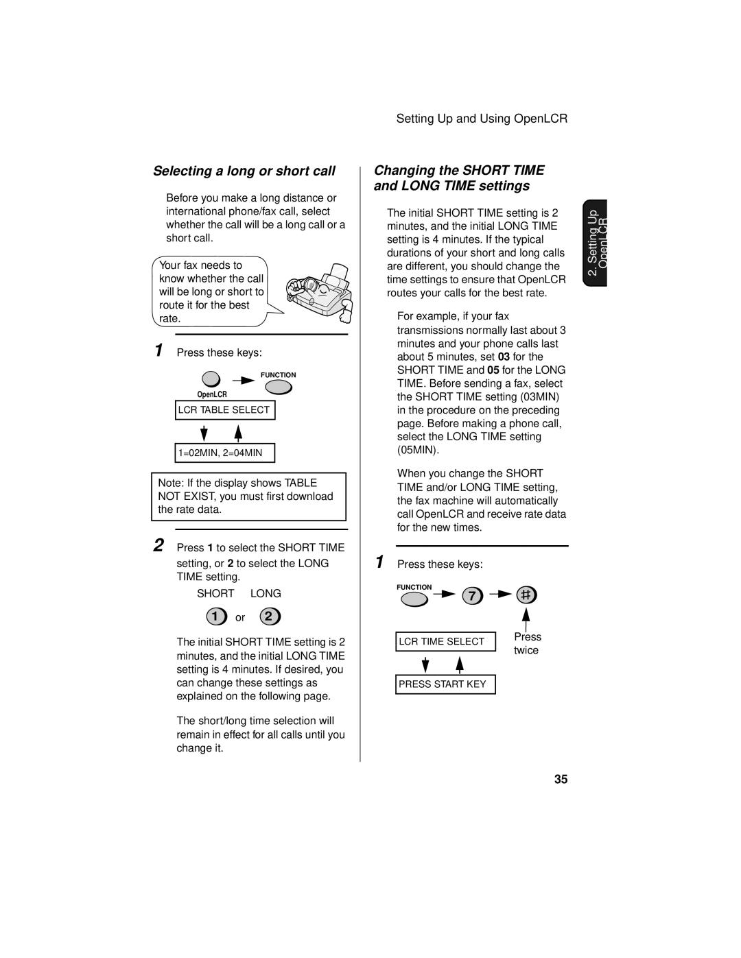 Sharp UX-465L operation manual Selecting a long or short call, Changing the Short Time and Long Time settings 