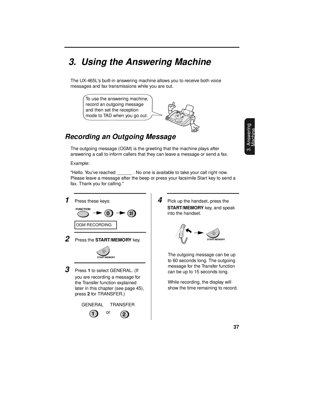 Sharp UX-465L operation manual Using the Answering Machine, Recording an Outgoing Message 