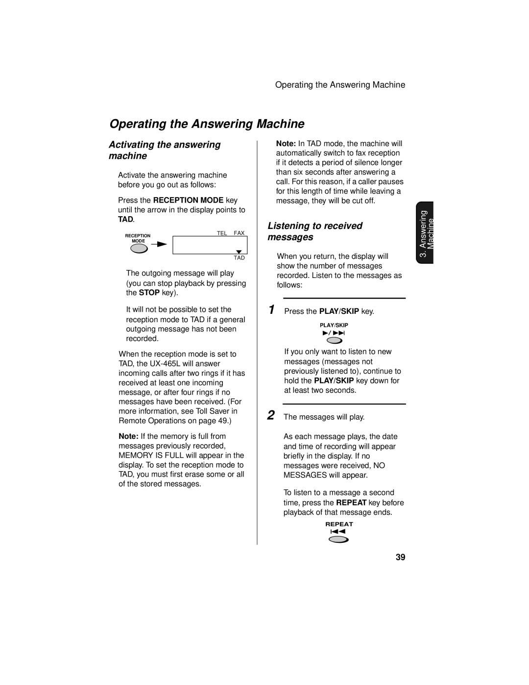 Sharp UX-465L Operating the Answering Machine, Activating the answering machine, Listening to received messages 