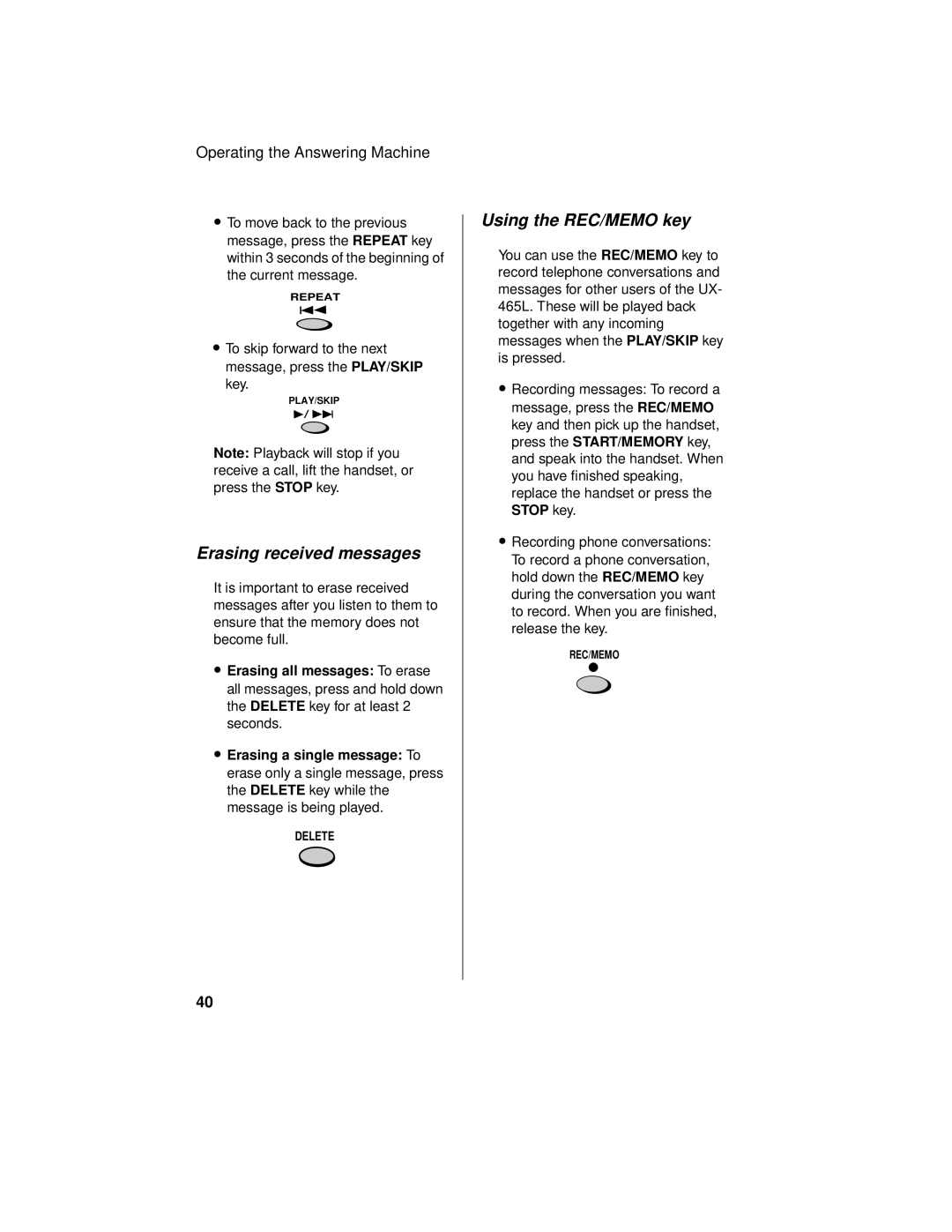 Sharp UX-465L operation manual Erasing received messages, Using the REC/MEMO key 