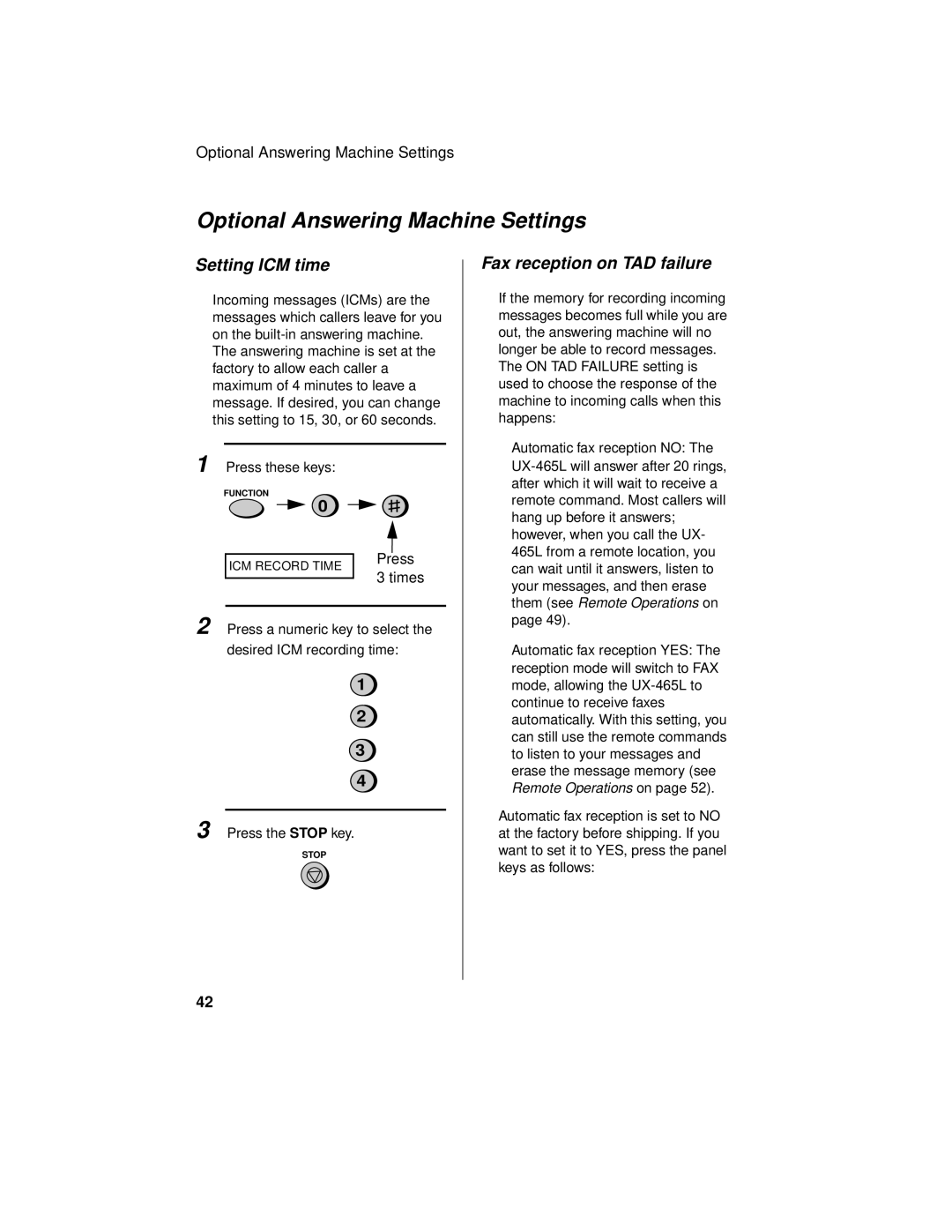 Sharp UX-465L operation manual Optional Answering Machine Settings, Setting ICM time, Fax reception on TAD failure 