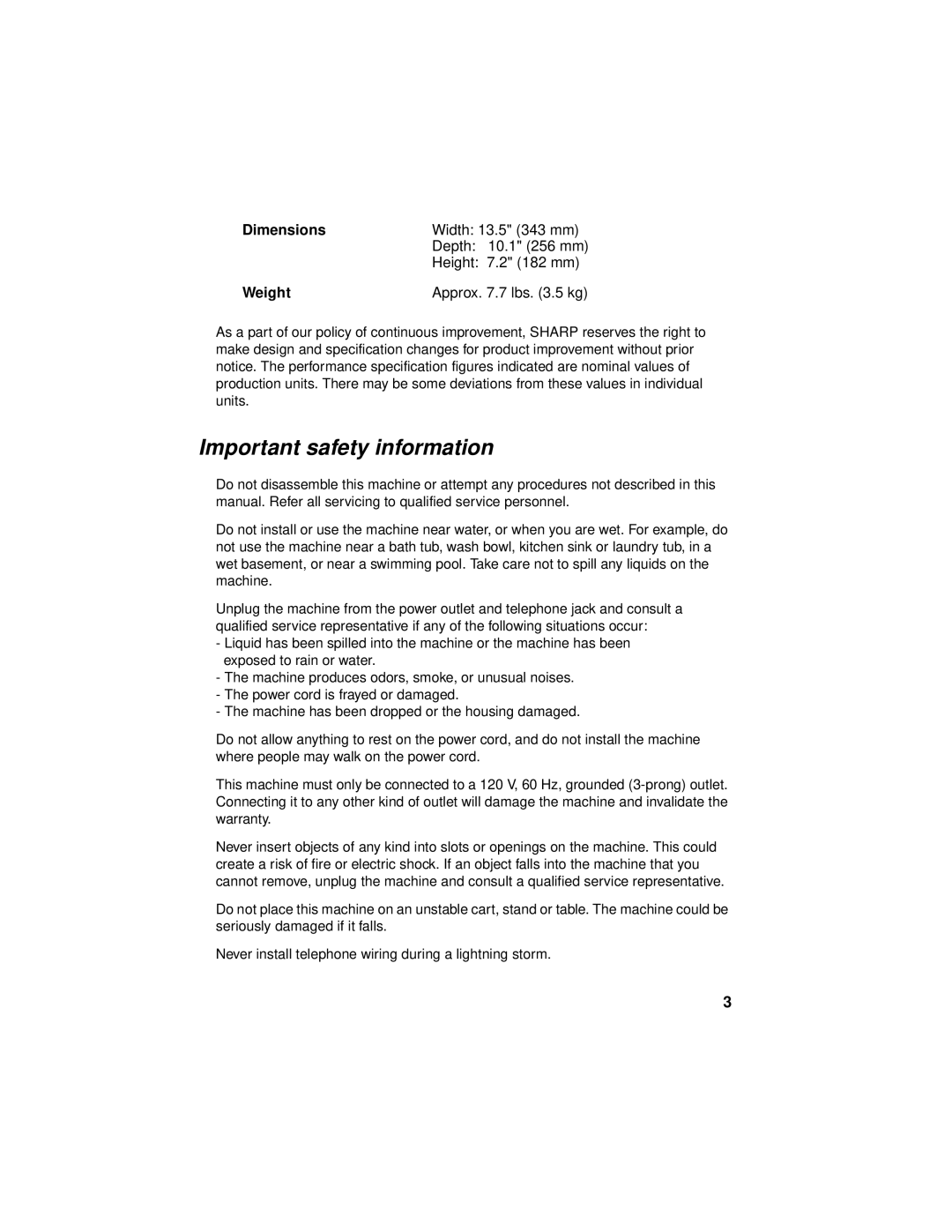 Sharp UX-465L operation manual Important safety information, Dimensions, Weight 