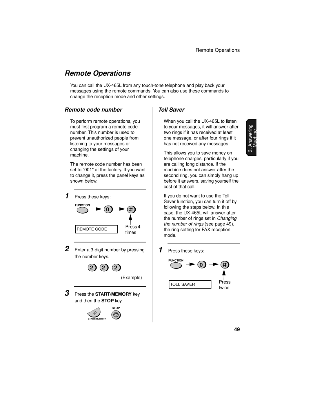 Sharp UX-465L operation manual Remote Operations, Remote code number, Toll Saver 