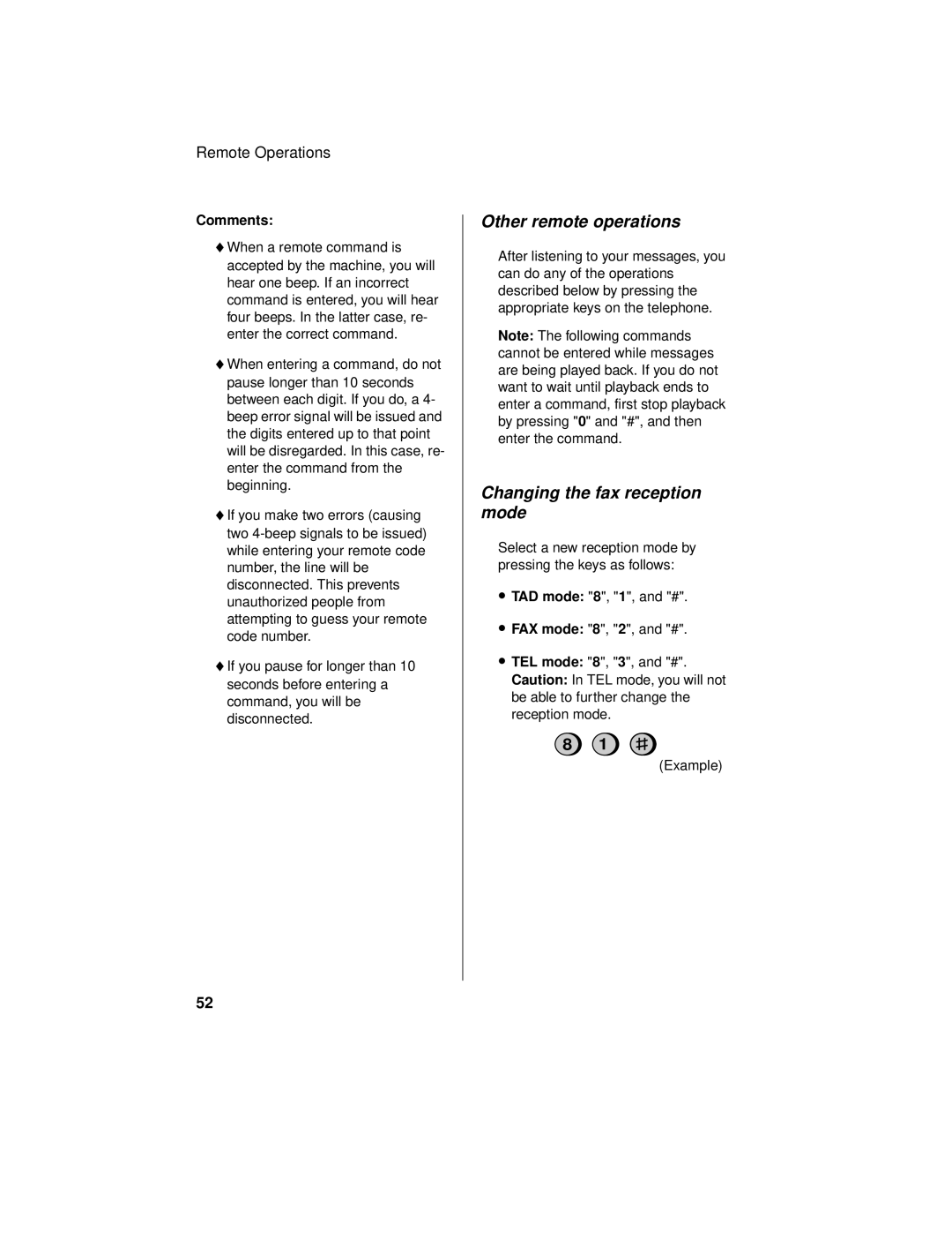 Sharp UX-465L operation manual Other remote operations, Changing the fax reception mode, Comments 