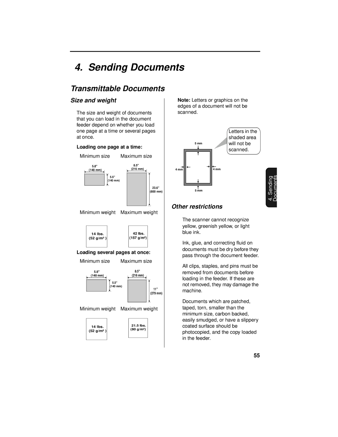 Sharp UX-465L operation manual Sending Documents, Transmittable Documents, Size and weight, Other restrictions 