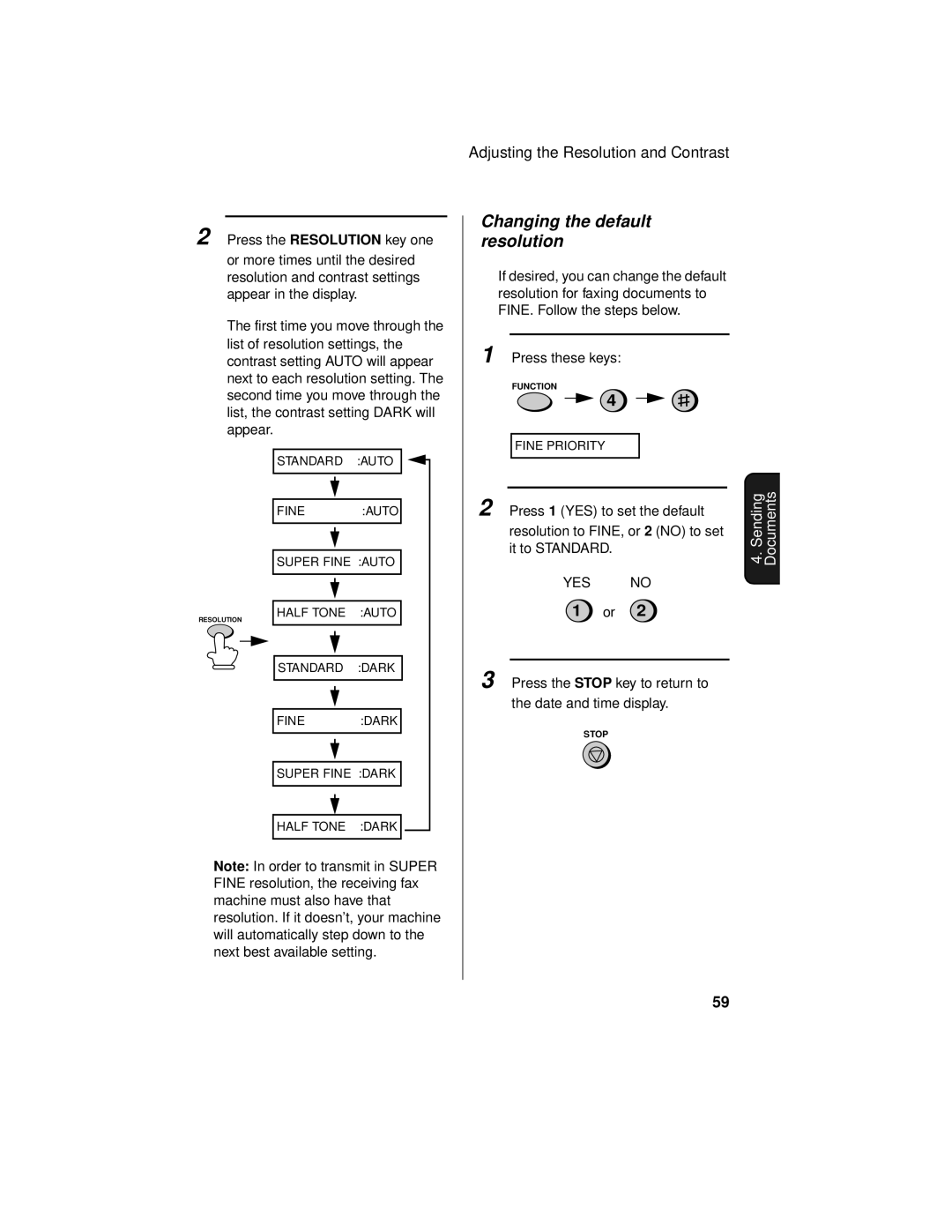 Sharp UX-465L operation manual Changing the default resolution, Sending4 Documents 