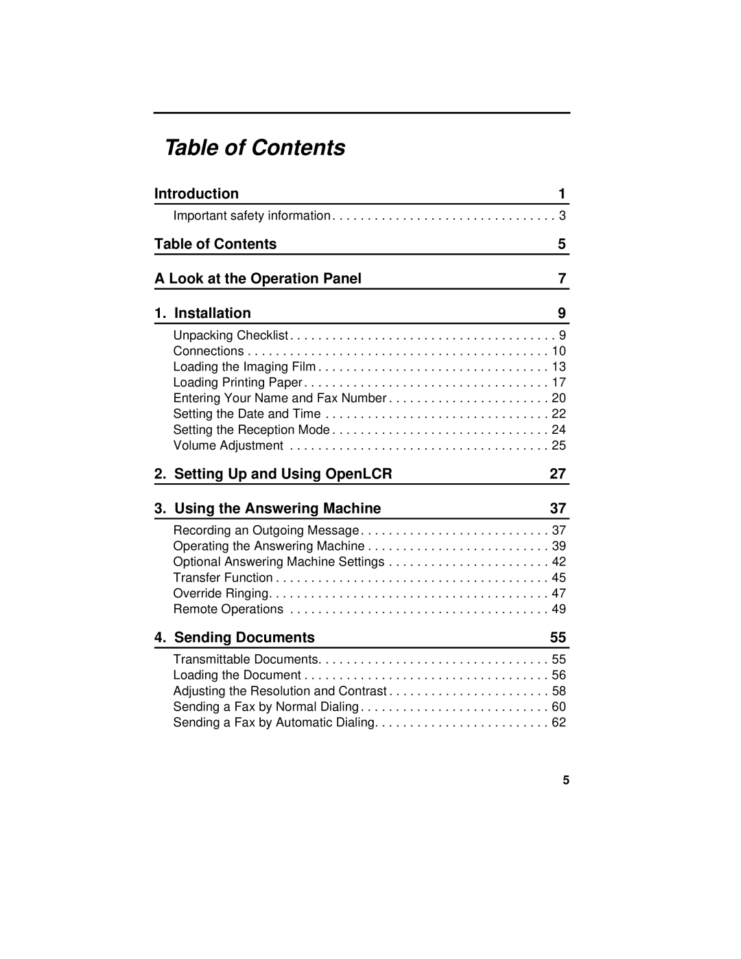 Sharp UX-465L operation manual Table of Contents 