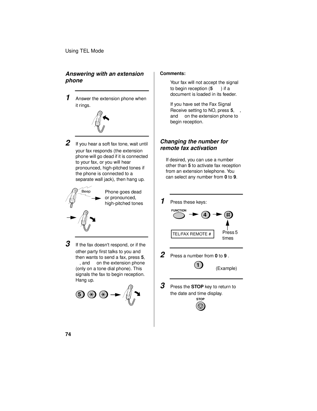 Sharp UX-465L operation manual Answering with an extension phone, Changing the number for remote fax activation 