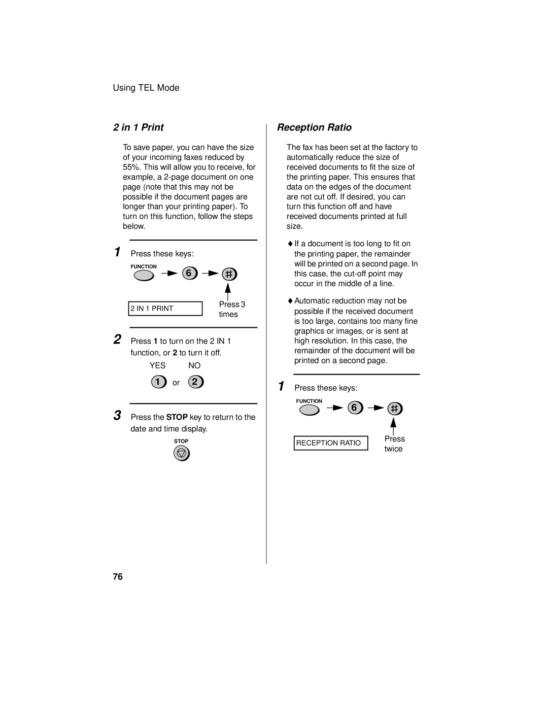 Sharp UX-465L operation manual Print, Reception Ratio 