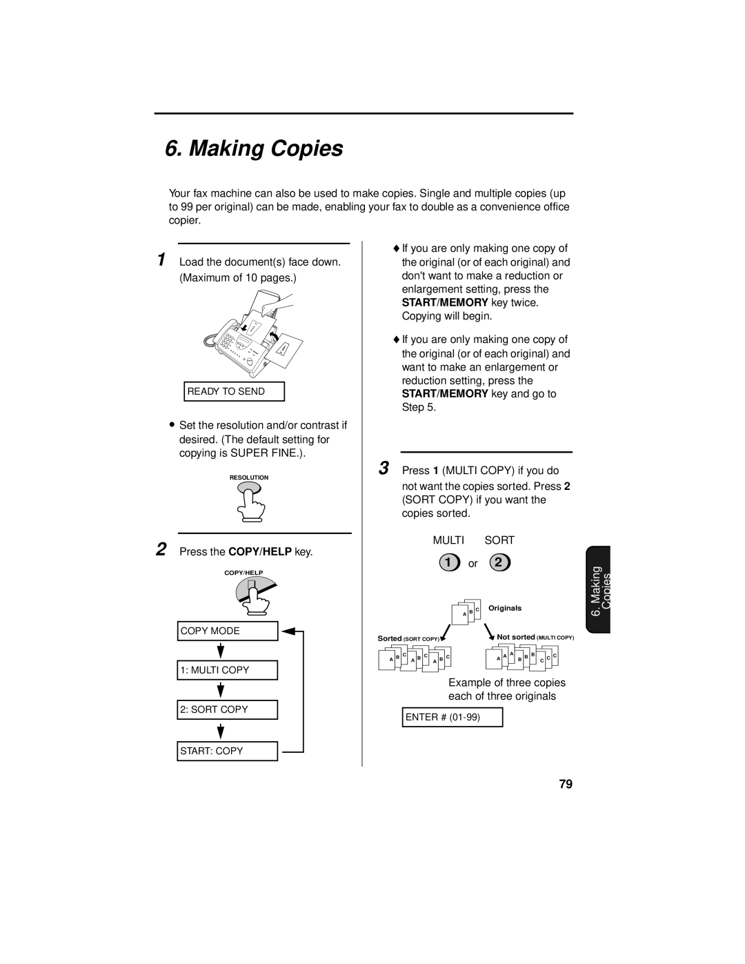 Sharp UX-465L operation manual Making Copies, START/MEMORY key twice, START/MEMORY key and go to 