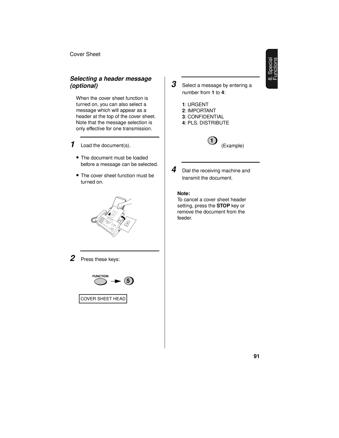 Sharp UX-465L operation manual Selecting a header message optional, Urgent Confidential PLS. Distribute 