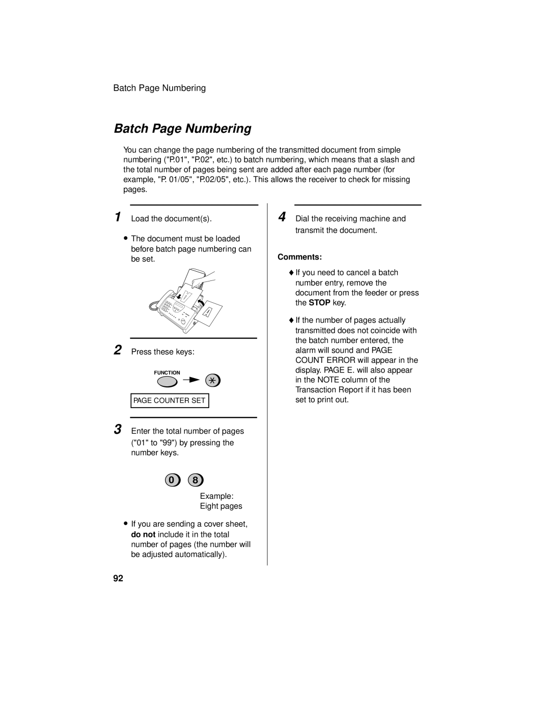 Sharp UX-465L operation manual Batch Page Numbering, Comments 