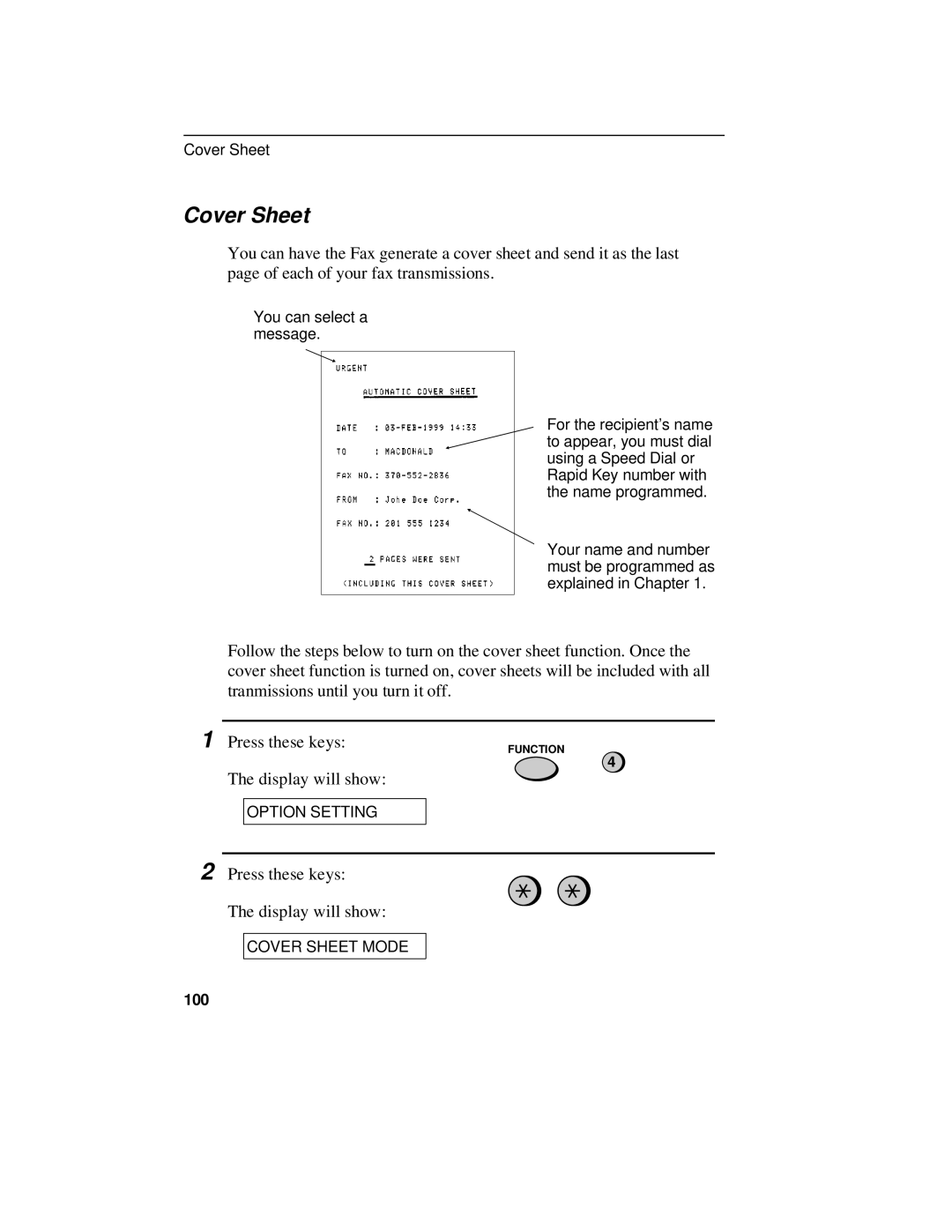 Sharp UX-470 operation manual Cover Sheet, 100 