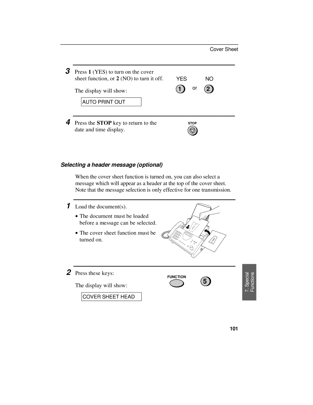 Sharp UX-470 operation manual Selecting a header message optional, 101 