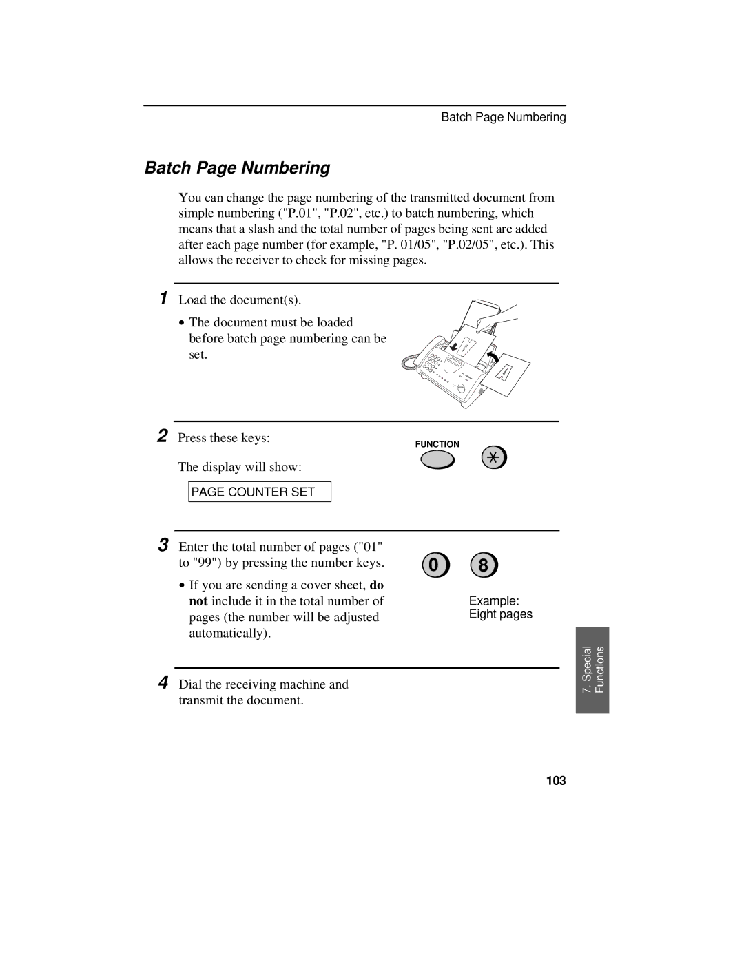 Sharp UX-470 operation manual Batch Page Numbering, 103 