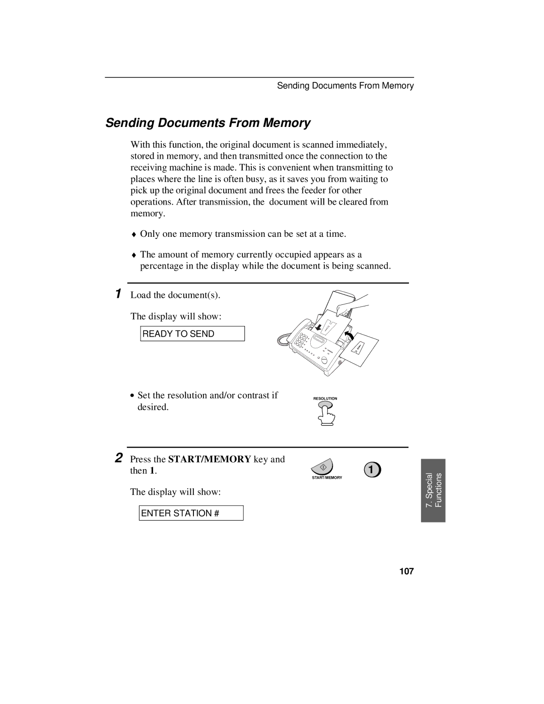 Sharp UX-470 operation manual Sending Documents From Memory, 107 