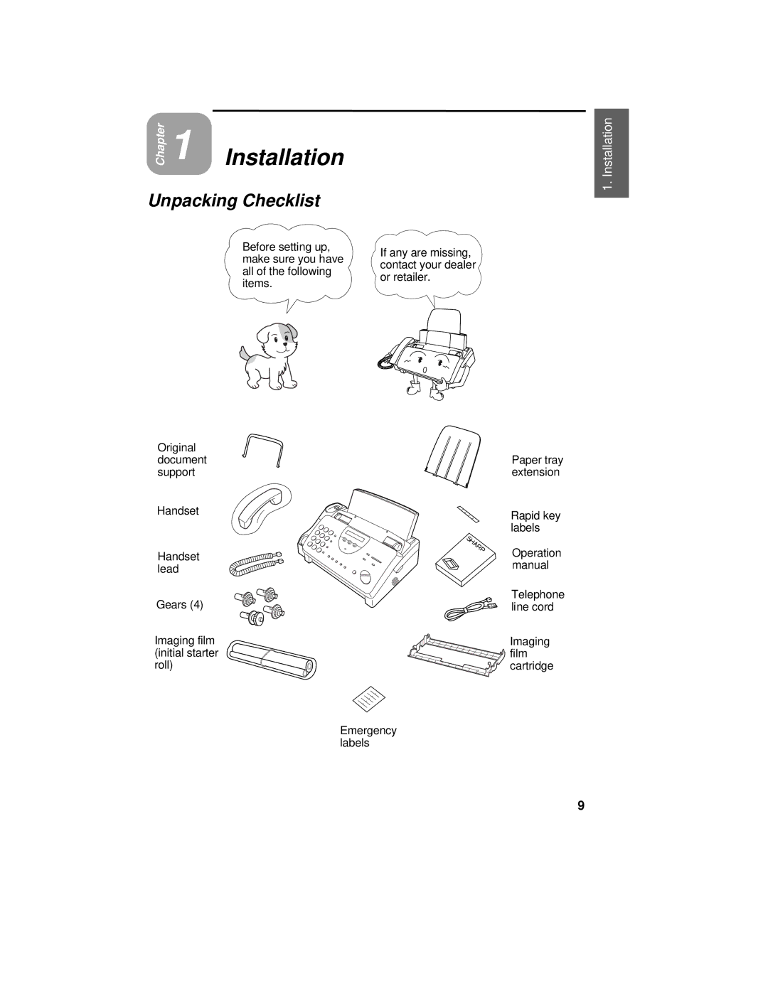 Sharp UX-470 operation manual Installation, Unpacking Checklist 