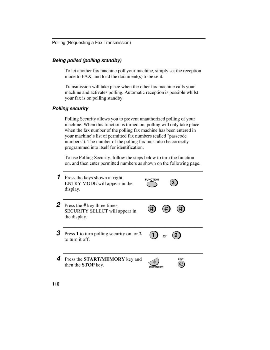 Sharp UX-470 operation manual Being polled polling standby, Polling security, 110 