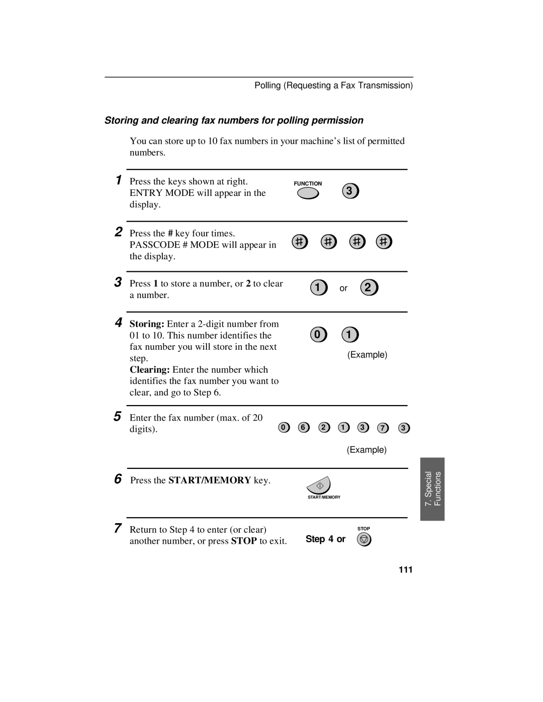 Sharp UX-470 operation manual Storing and clearing fax numbers for polling permission, 111 