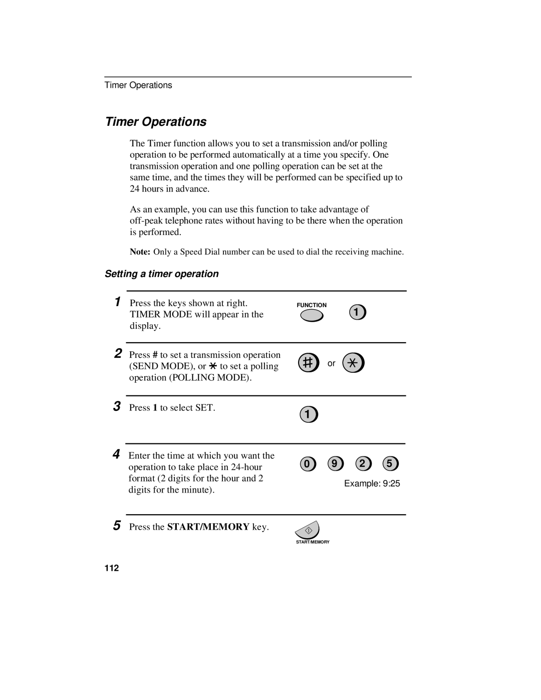 Sharp UX-470 operation manual Timer Operations, Setting a timer operation, 112 