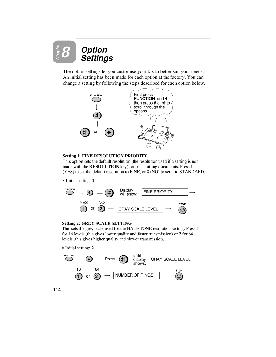 Sharp UX-470 operation manual Option Settings, Setting 1 Fine Resolution Priority, Setting 2 Grey Scale Setting, 114 