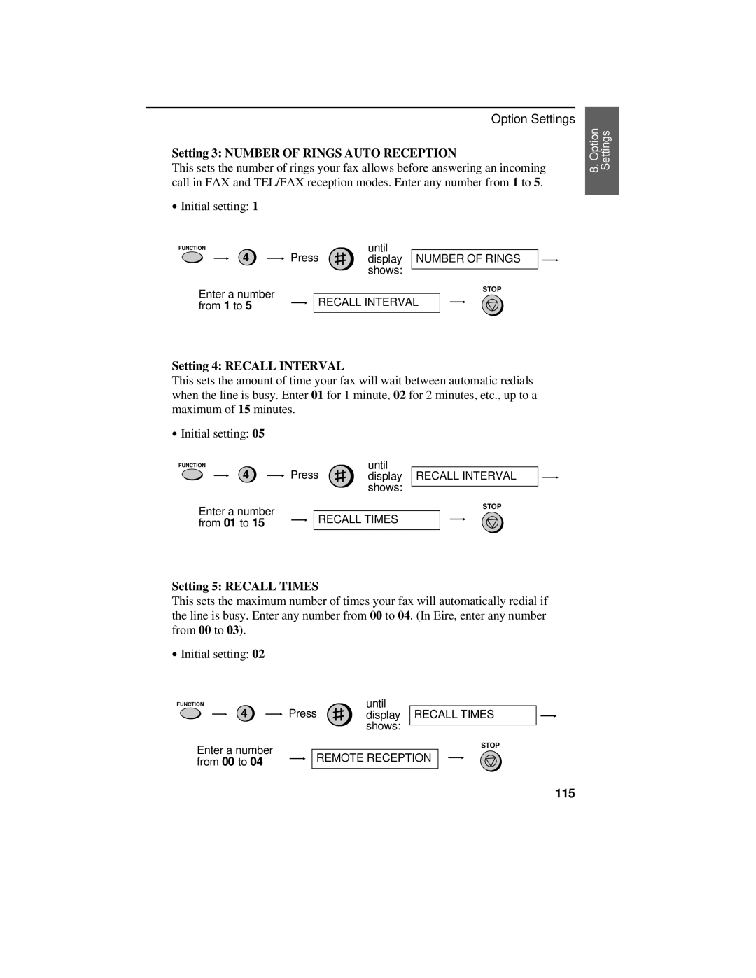 Sharp UX-470 Setting 3 Number of Rings Auto Reception, Setting 4 Recall Interval, Setting 5 Recall Times, 115 