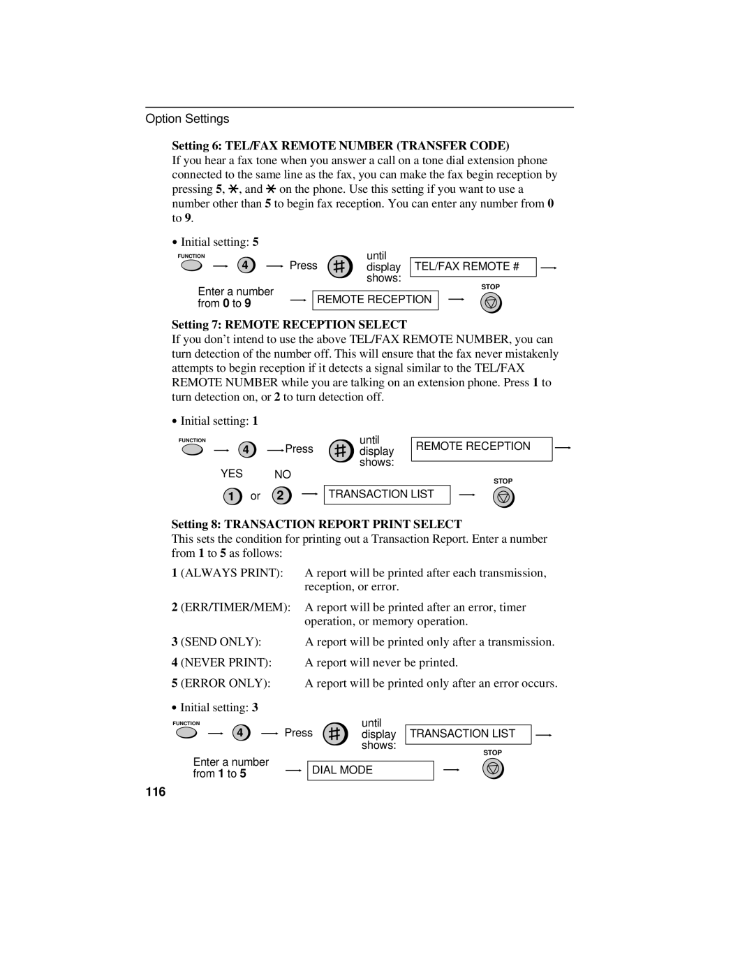 Sharp UX-470 operation manual Setting 6 TEL/FAX Remote Number Transfer Code, Setting 7 Remote Reception Select, 116 