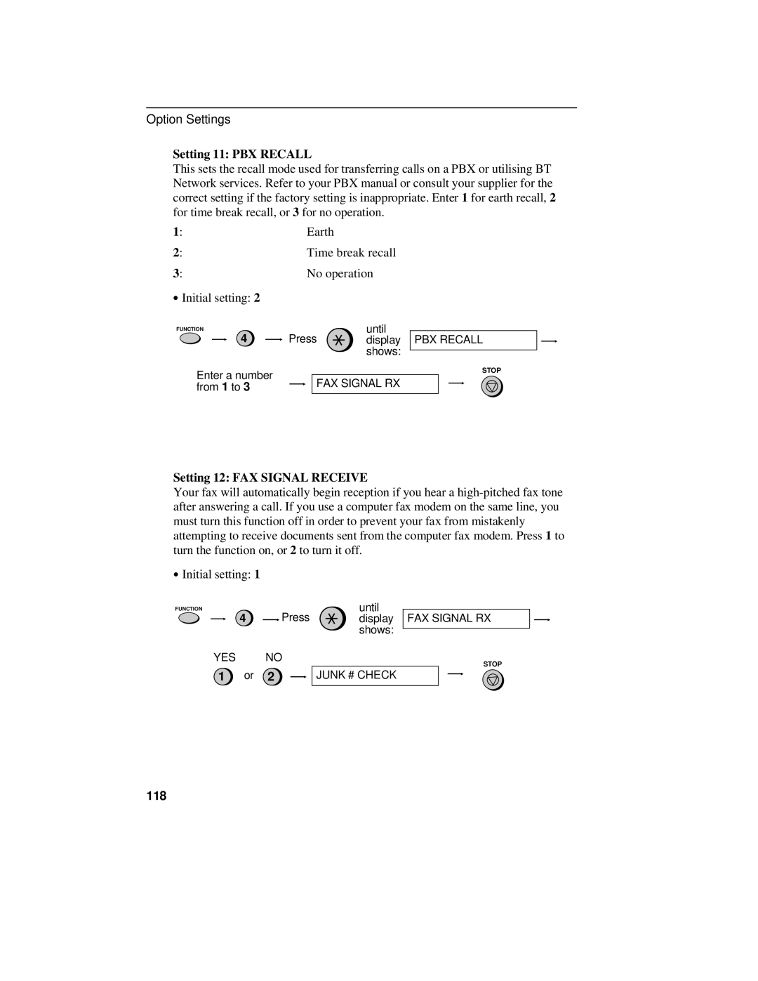 Sharp UX-470 operation manual Setting 11 PBX Recall, Setting 12 FAX Signal Receive, 118 