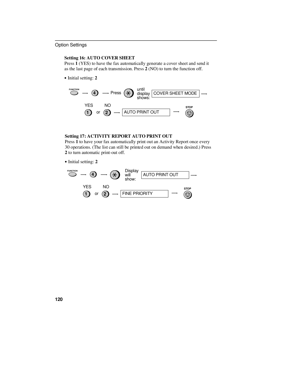 Sharp UX-470 operation manual Setting 16 Auto Cover Sheet, Setting 17 Activity Report Auto Print OUT, 120 