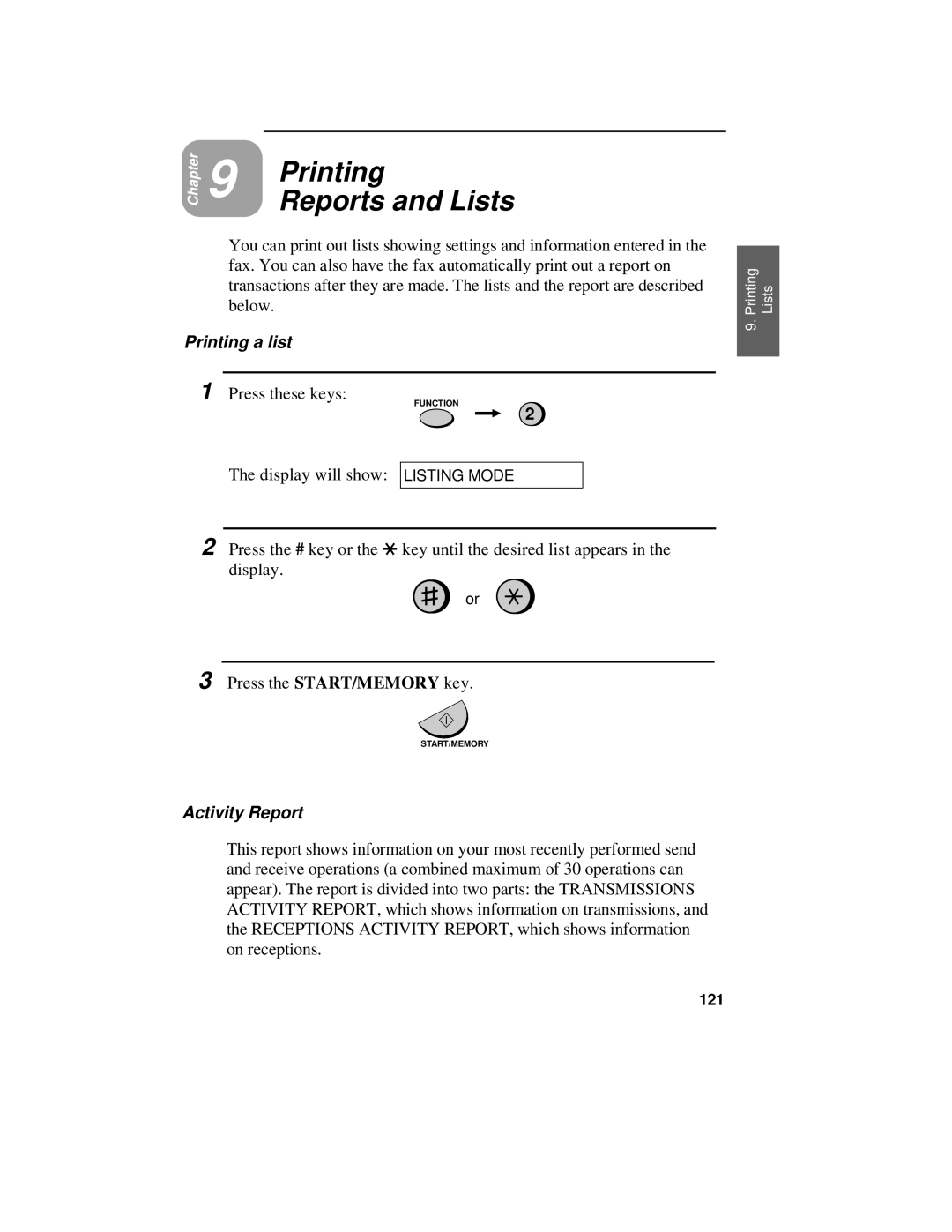 Sharp UX-470 operation manual Reports and Lists, Printing a list, Activity Report, 121 