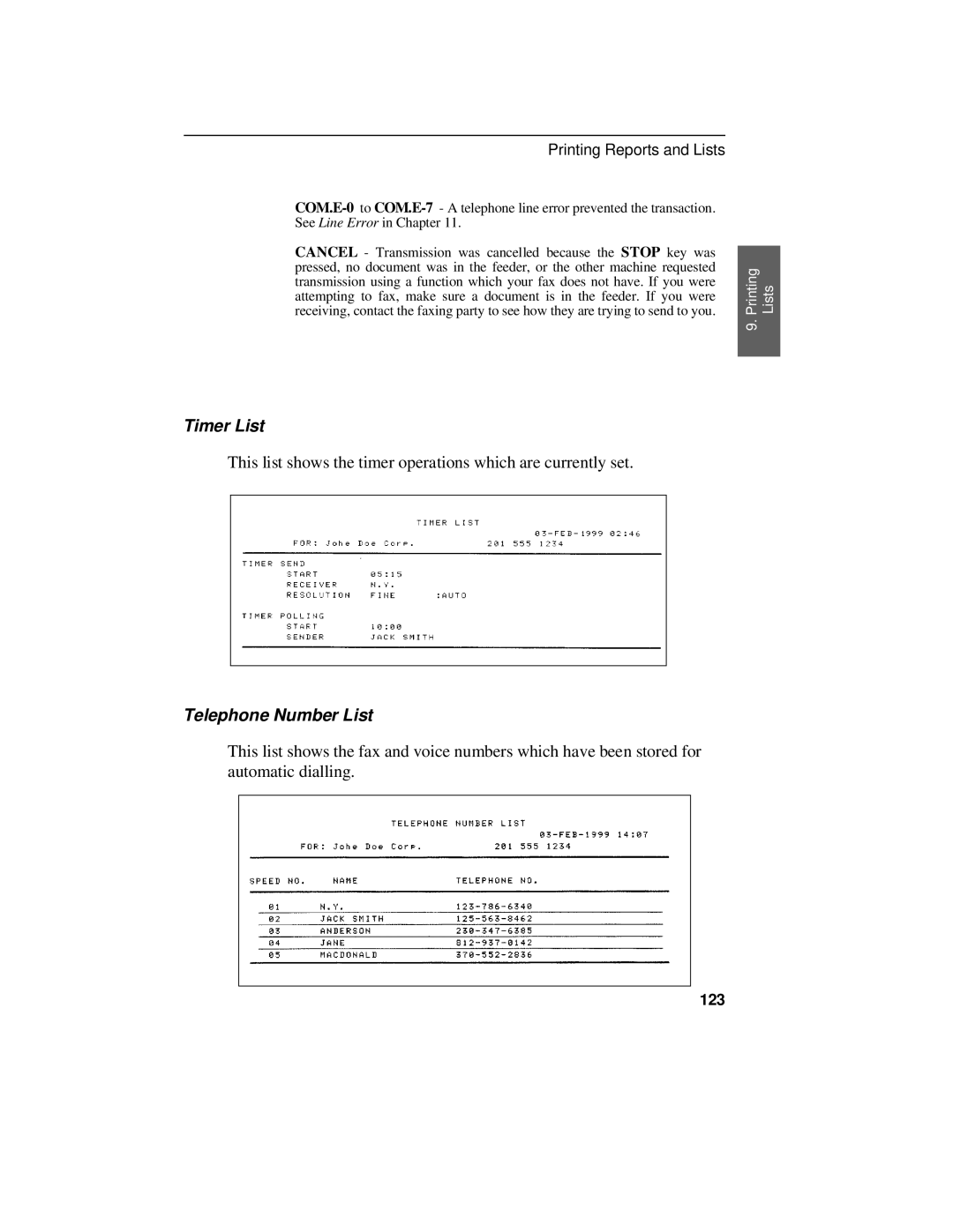 Sharp UX-470 operation manual Timer List, Telephone Number List, 123 