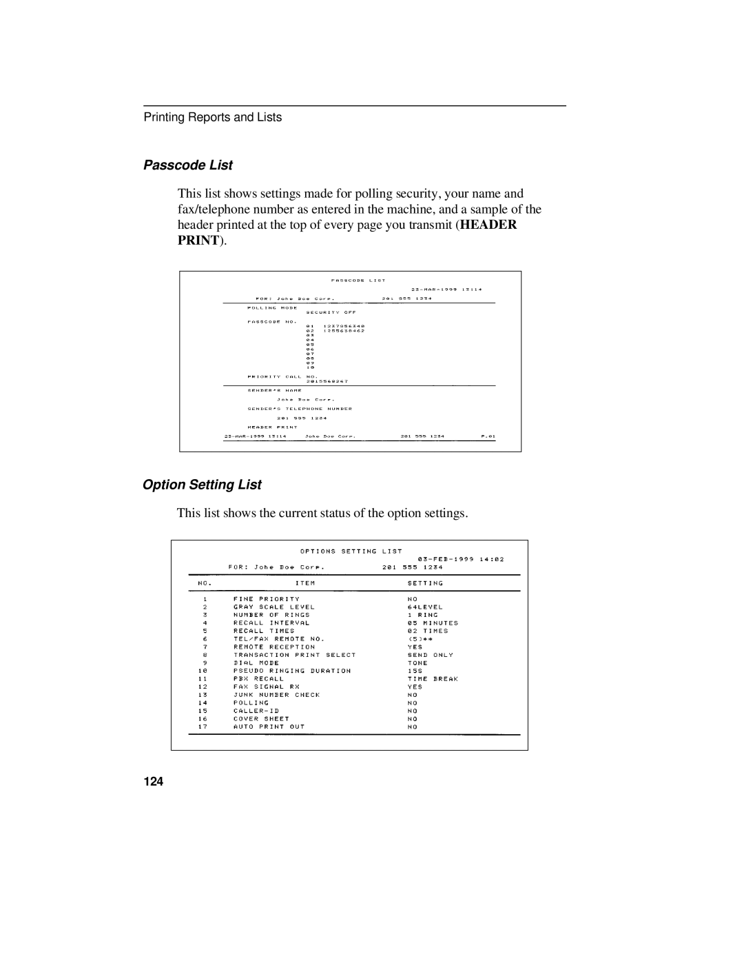 Sharp UX-470 operation manual Passcode List, Option Setting List, 124 