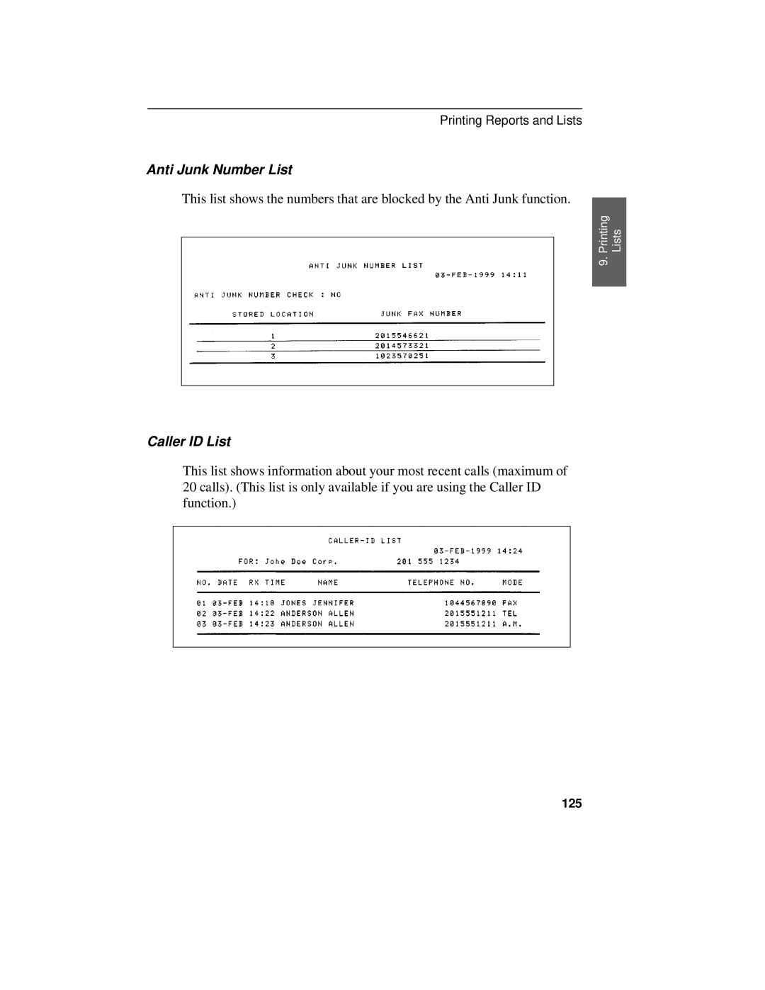 Sharp UX-470 operation manual Anti Junk Number List, Caller ID List, 125 