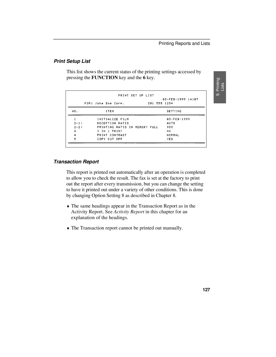 Sharp UX-470 operation manual Print Setup List, Transaction Report, 127 