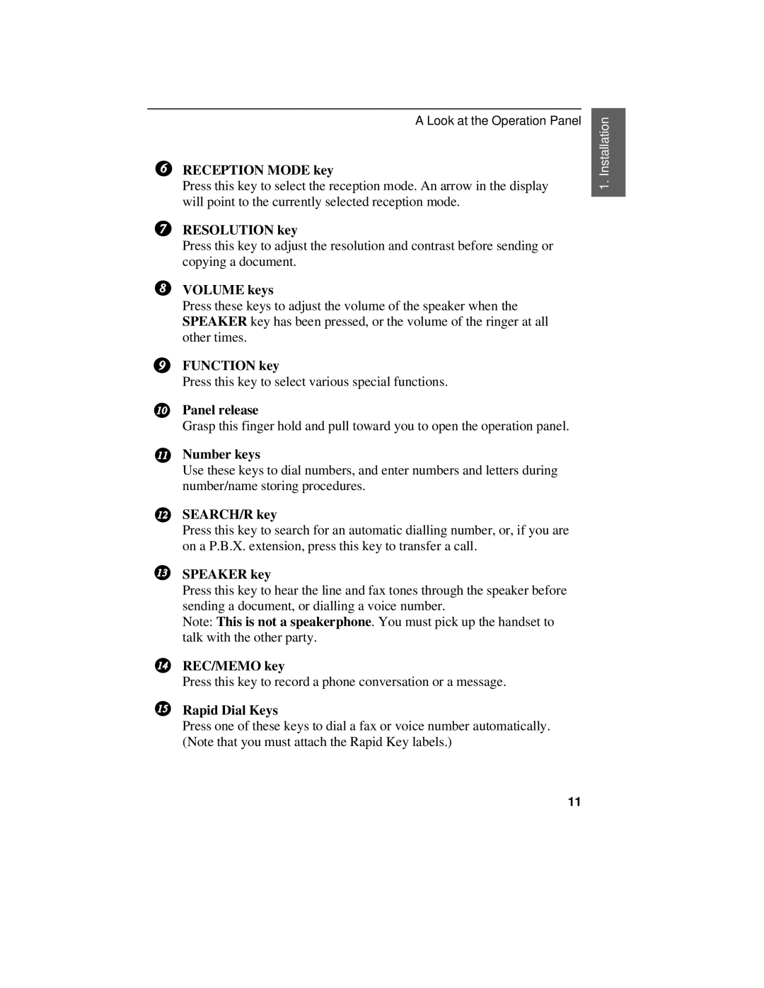 Sharp UX-470 Reception Mode key, Resolution key, Volume keys, Function key, Panel release, Number keys, SEARCH/R key 