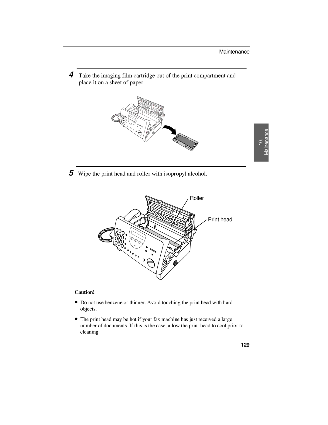 Sharp UX-470 operation manual Wipe the print head and roller with isopropyl alcohol, 129 