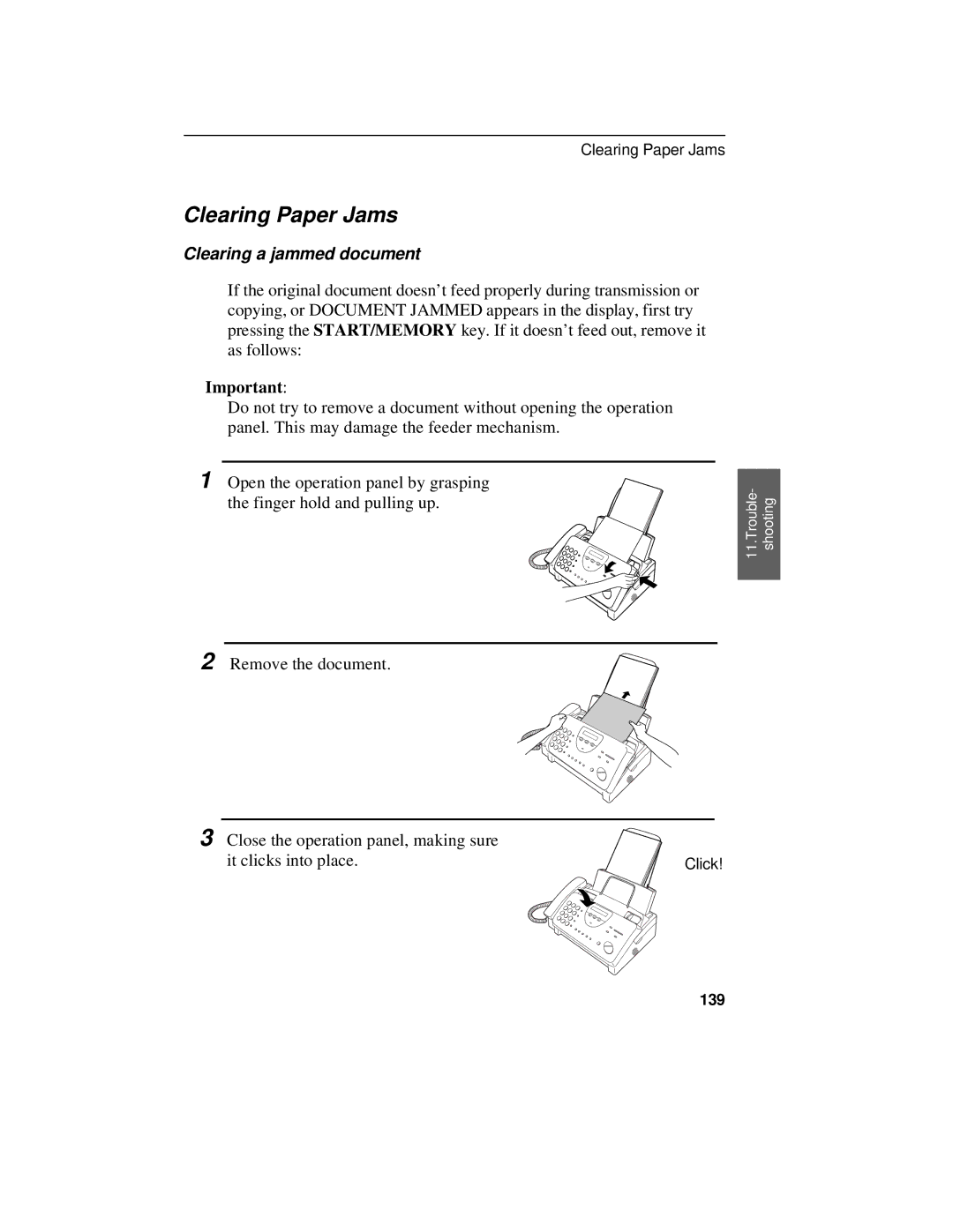 Sharp UX-470 operation manual Clearing Paper Jams, Clearing a jammed document, 139 