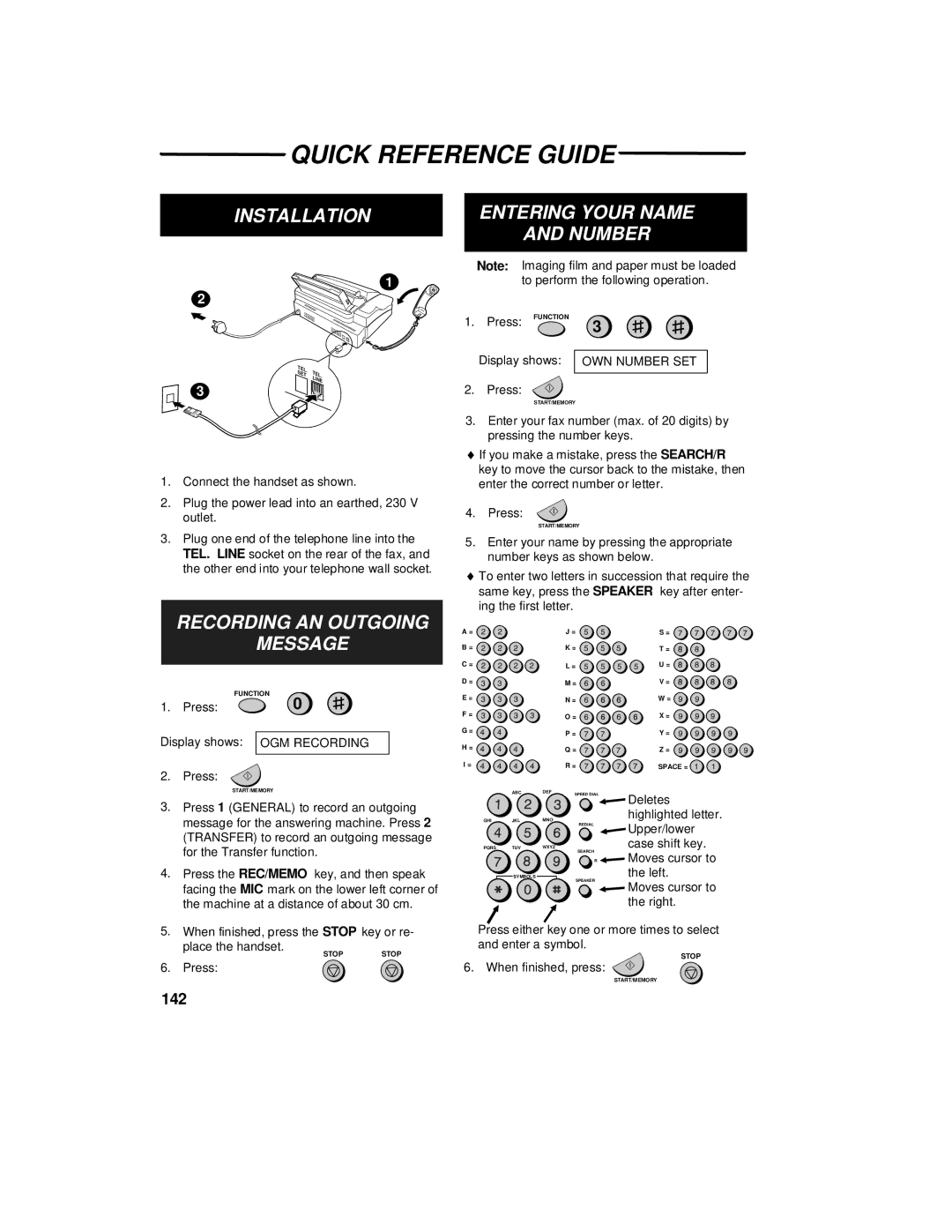 Sharp UX-470 operation manual Quick Reference Guide, 142 