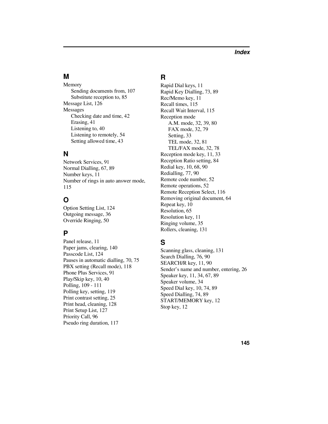 Sharp UX-470 operation manual Index, 145 