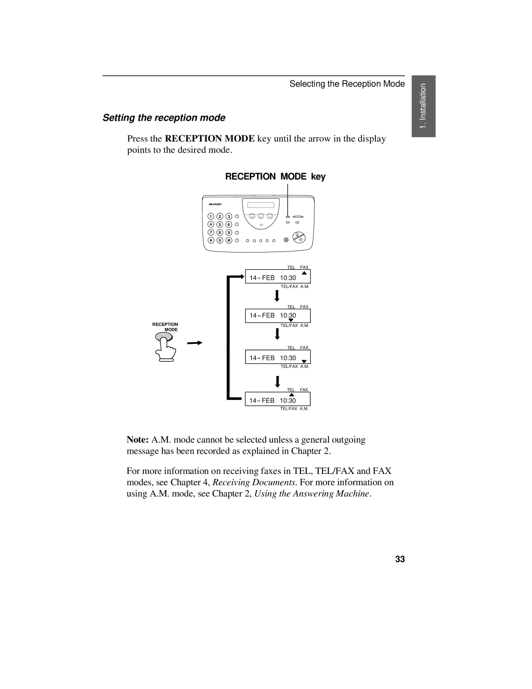 Sharp UX-470 operation manual Setting the reception mode, Reception Mode key 