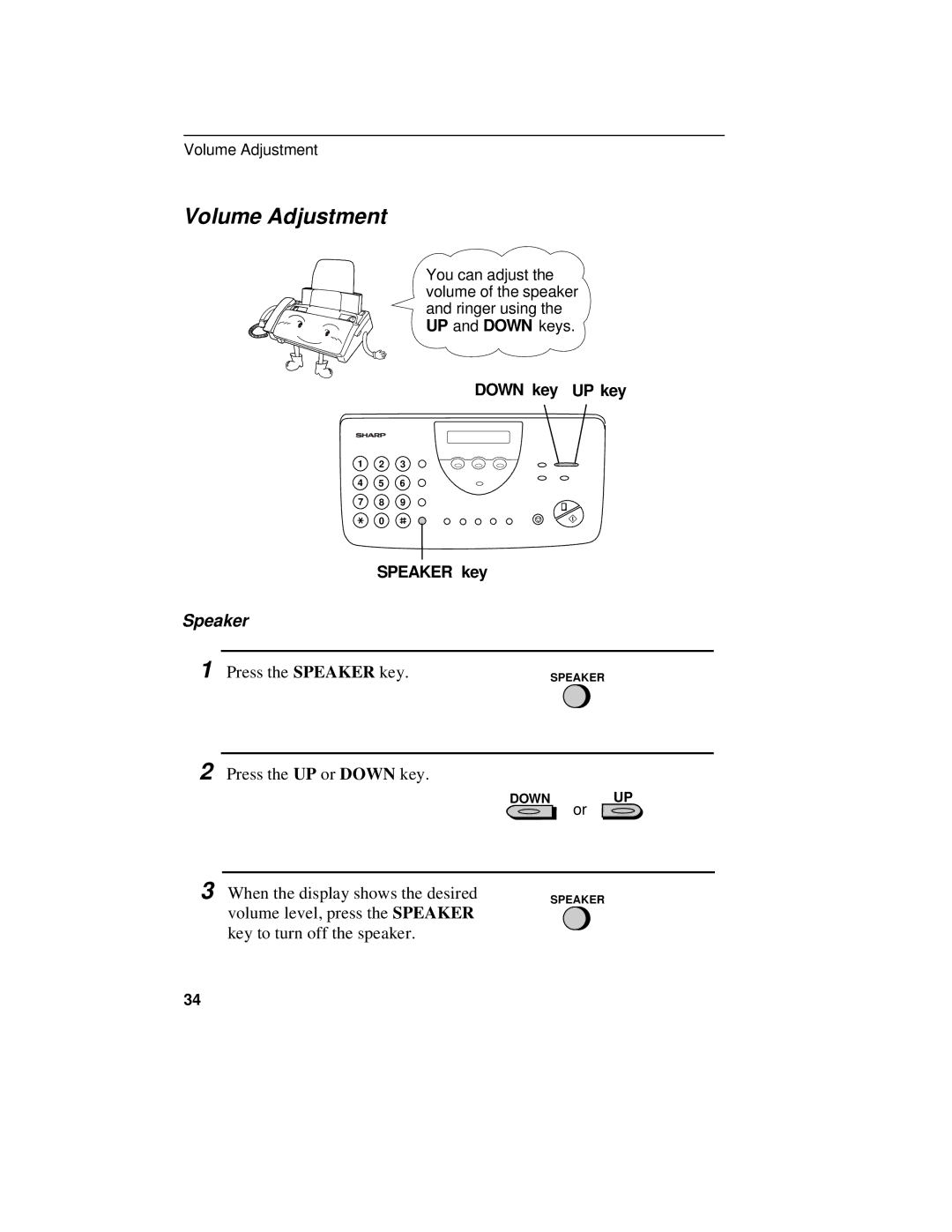 Sharp UX-470 operation manual Volume Adjustment, Speaker 