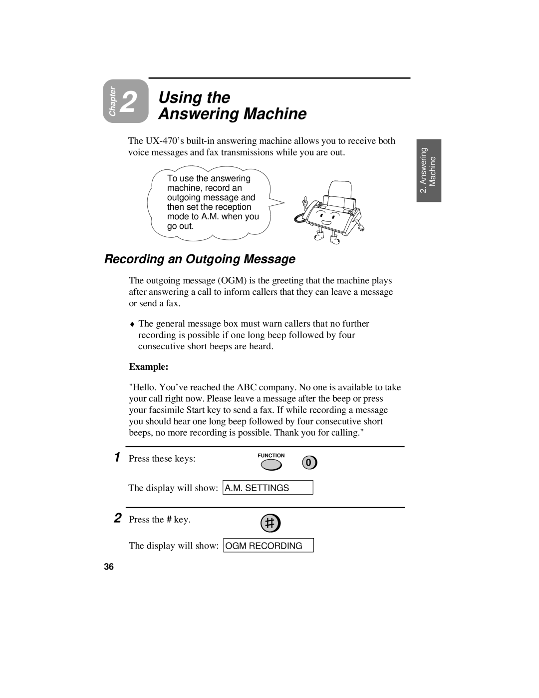 Sharp UX-470 operation manual Using, Answering Machine, Recording an Outgoing Message, Example, Press these keys 