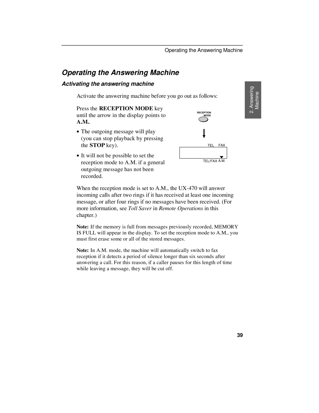 Sharp UX-470 operation manual Operating the Answering Machine, Activating the answering machine 
