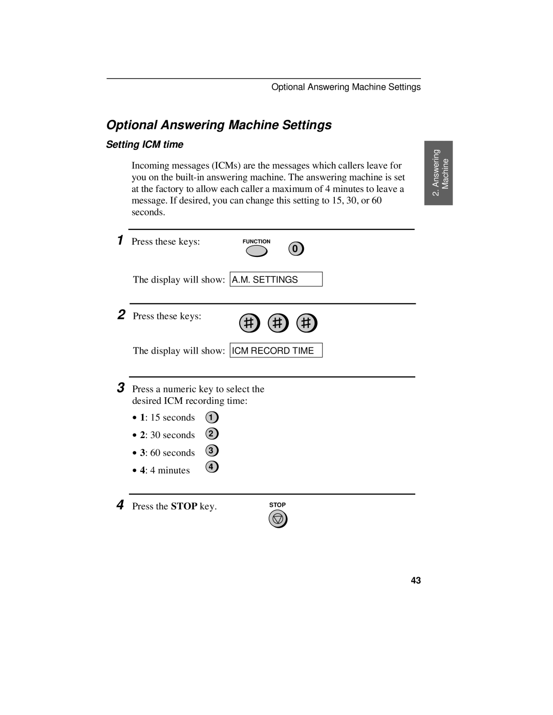Sharp UX-470 operation manual Optional Answering Machine Settings, Setting ICM time 