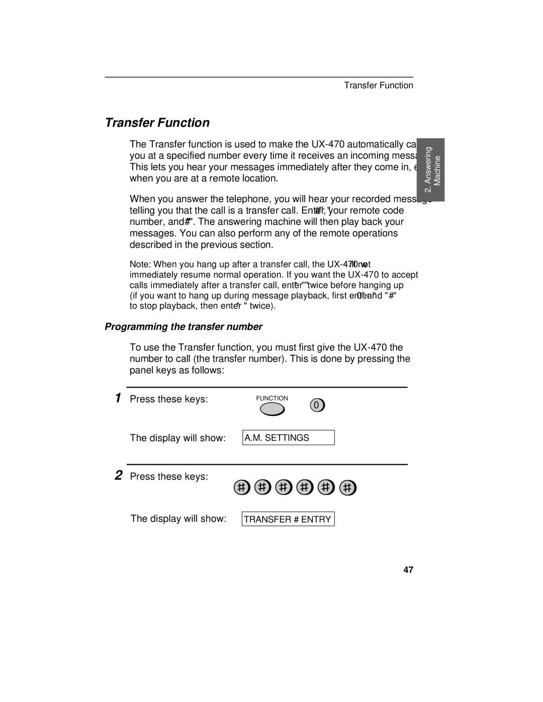 Sharp UX-470 operation manual Transfer Function, Programming the transfer number 