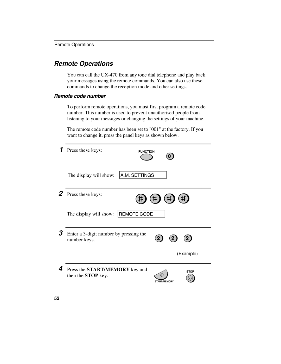 Sharp UX-470 operation manual Remote Operations, Remote code number 