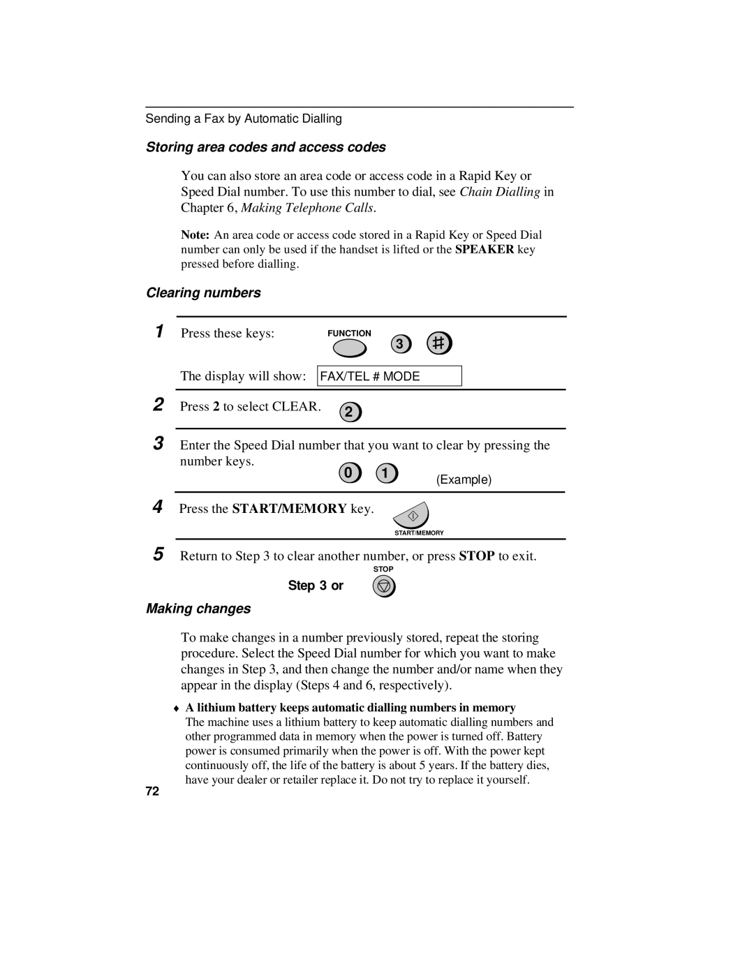 Sharp UX-470 operation manual Storing area codes and access codes, Clearing numbers, Making changes 