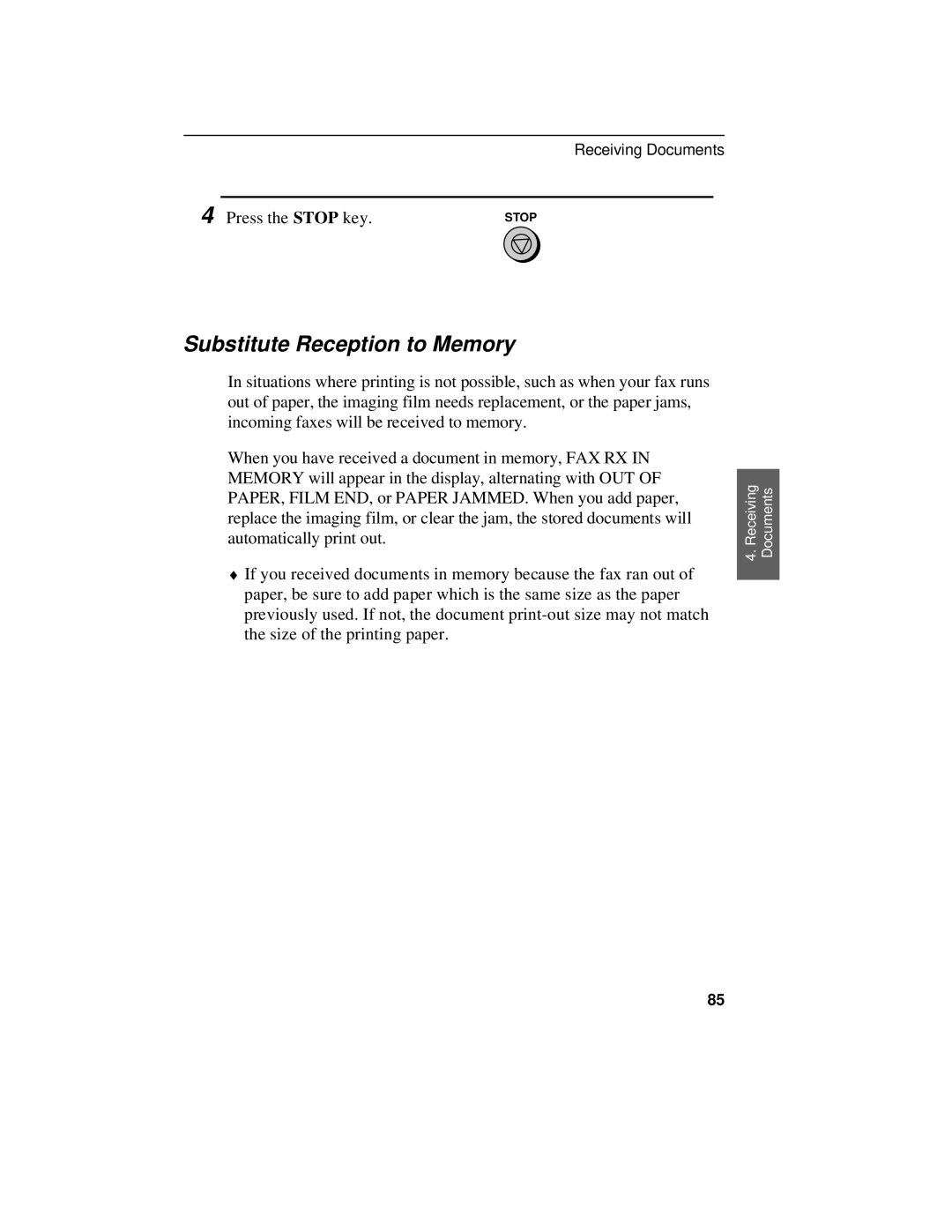 Sharp UX-470 operation manual Substitute Reception to Memory 